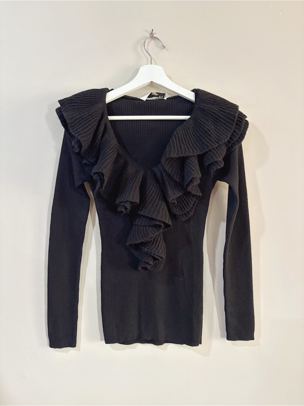 Trina Turk Women S Black Merino Wool Ruffle Knit Sweater Y2K Chic Coquette Goth